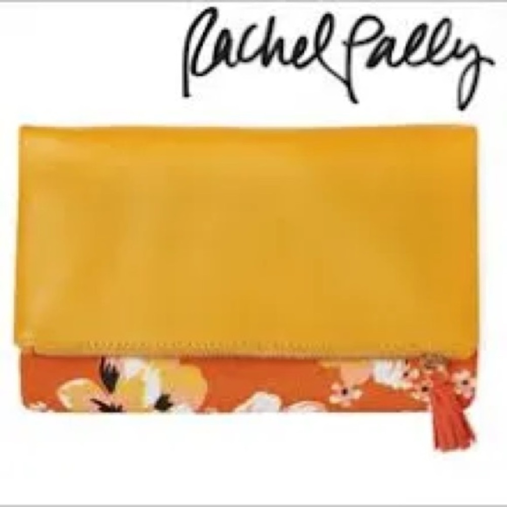 Rachel Pally Leather and Canvas Gold and Tangerine Floral Reversible Zip Clutch